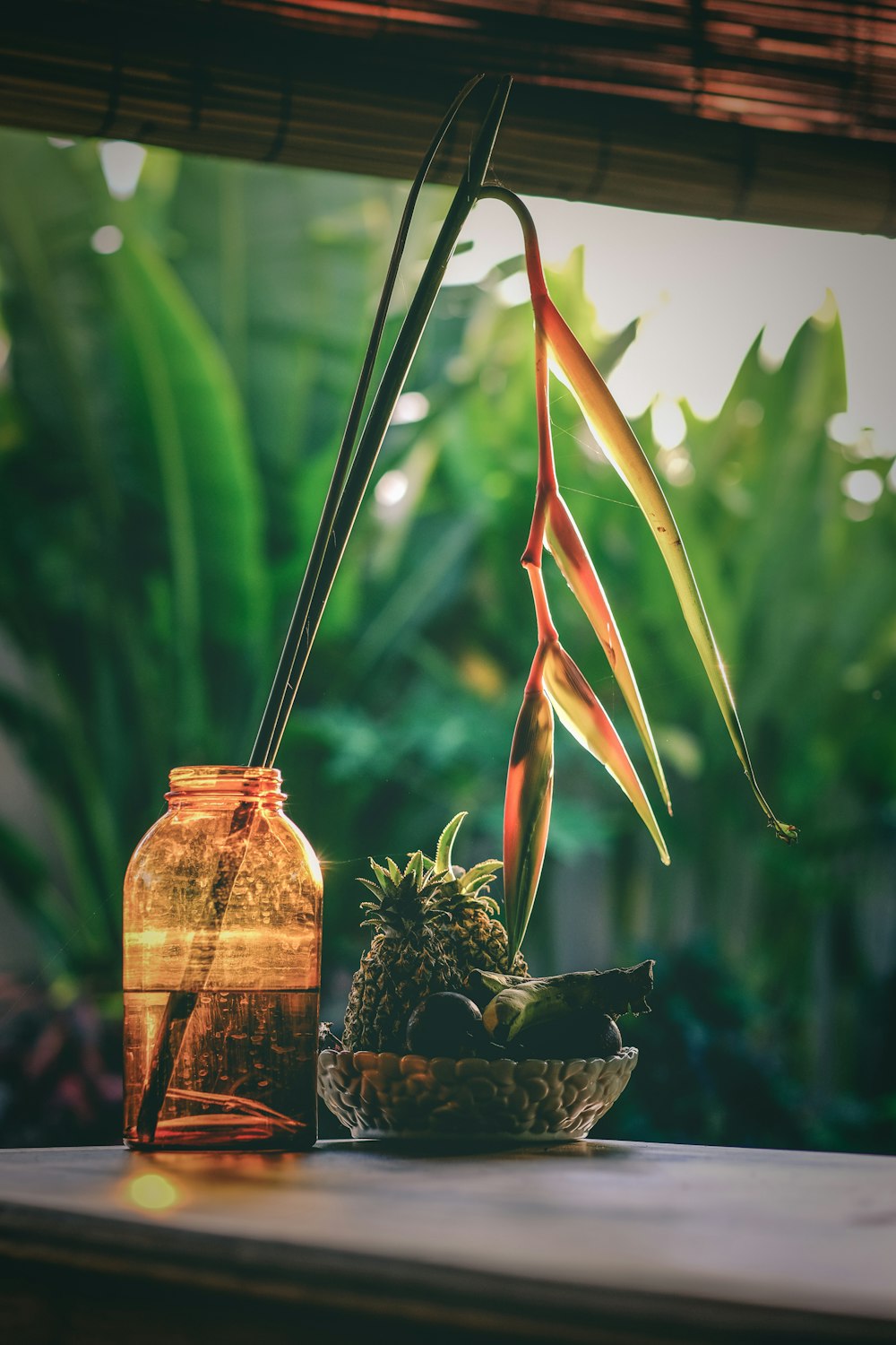 birds of paradise plant on amber glass jar