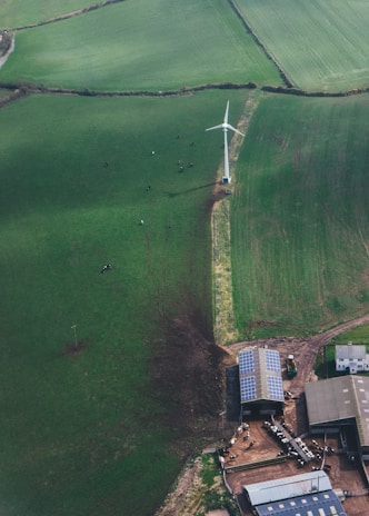 Aerial view of a green agricultural field featuring a wind turbine. Below the turbine, a farm with buildings equipped with solar panels is visible. There are cows grazing near the farm building and scattered in the field.