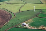 Aerial view of a rural landscape featuring large, neatly arranged green fields surrounded by hedgerows. In the center, a wind turbine is positioned amid one of the fields. Cows are scattered in another field near a farmhouse, highlighting the agricultural setting.