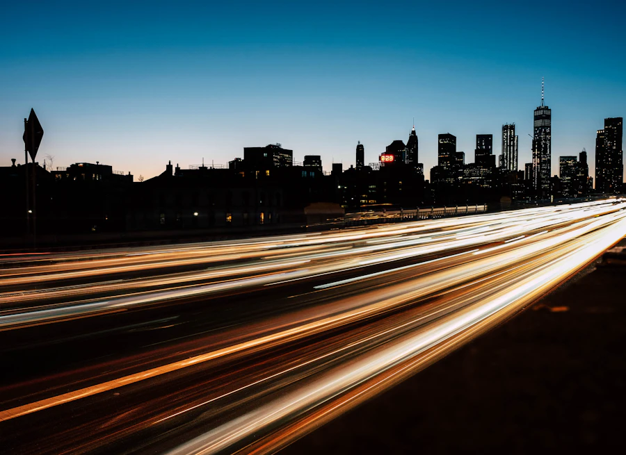 Light trails streaking toward the skyline