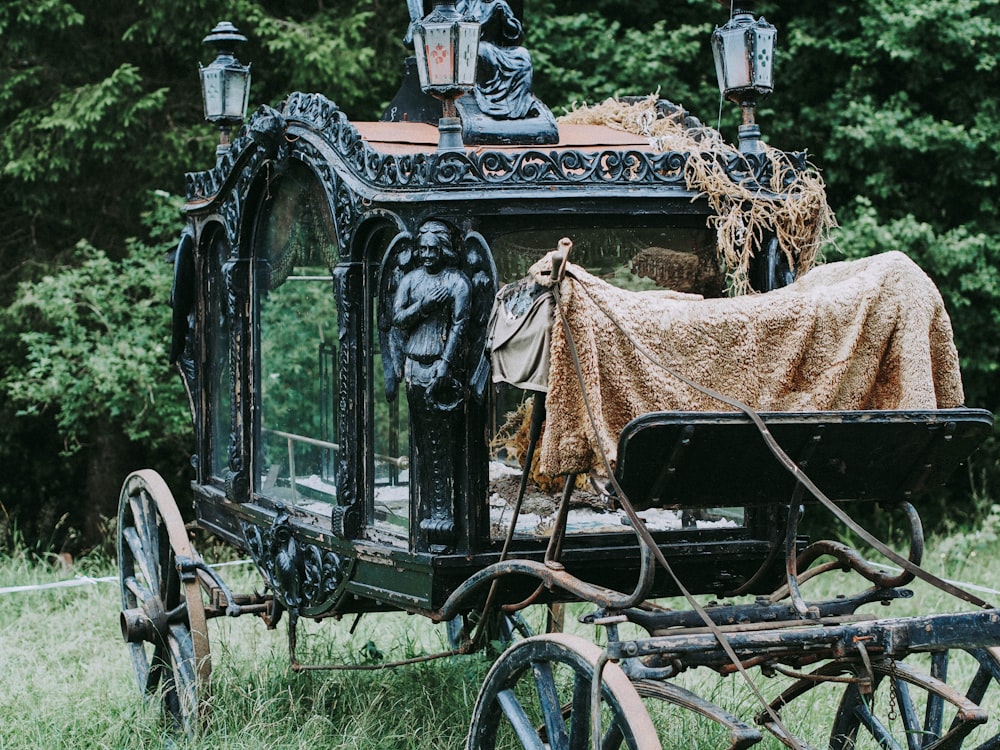 Carro de metal negro y marrón en campo de hierba