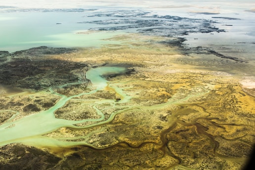 Aerial view of a coastal landscape featuring a network of winding rivers and channels surrounded by various shades of green and brown land. The water appears turquoise and clear, leading into a vast body of water on the horizon.