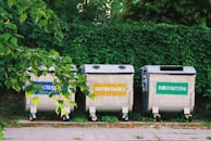 Three recycling bins with signs in a non-English language stand on a paved sidewalk, surrounded by lush green foliage. Each bin has distinct labels: blue, yellow, and green, likely indicating they are for different types of recyclables.