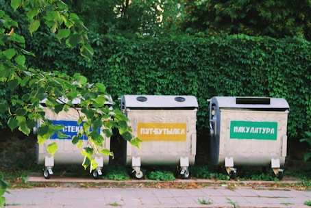 Three recycling bins with signs in a non-English language stand on a paved sidewalk, surrounded by lush green foliage. Each bin has distinct labels: blue, yellow, and green, likely indicating they are for different types of recyclables.