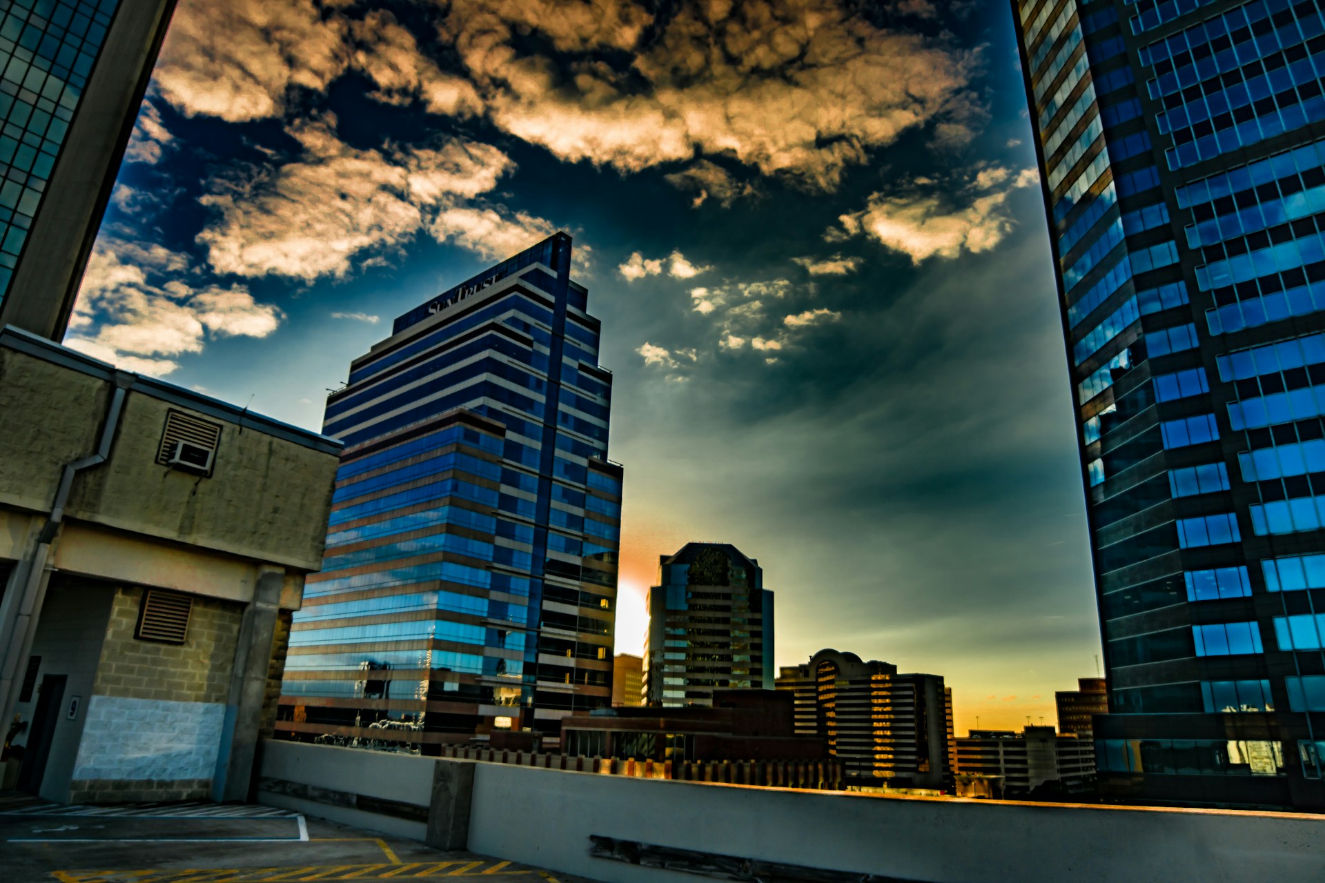 An eye-catching video thumbnail featuring a dynamic cityscape at sunset with animated headlines sliding in.