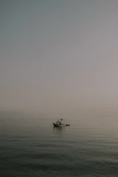 The sleek professional fishing boat gliding over calm waters at dawn with mist rising.