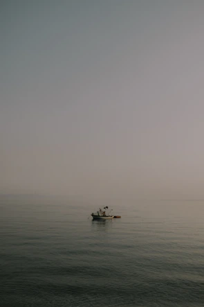 The sleek professional fishing boat gliding over calm waters at dawn with mist rising.