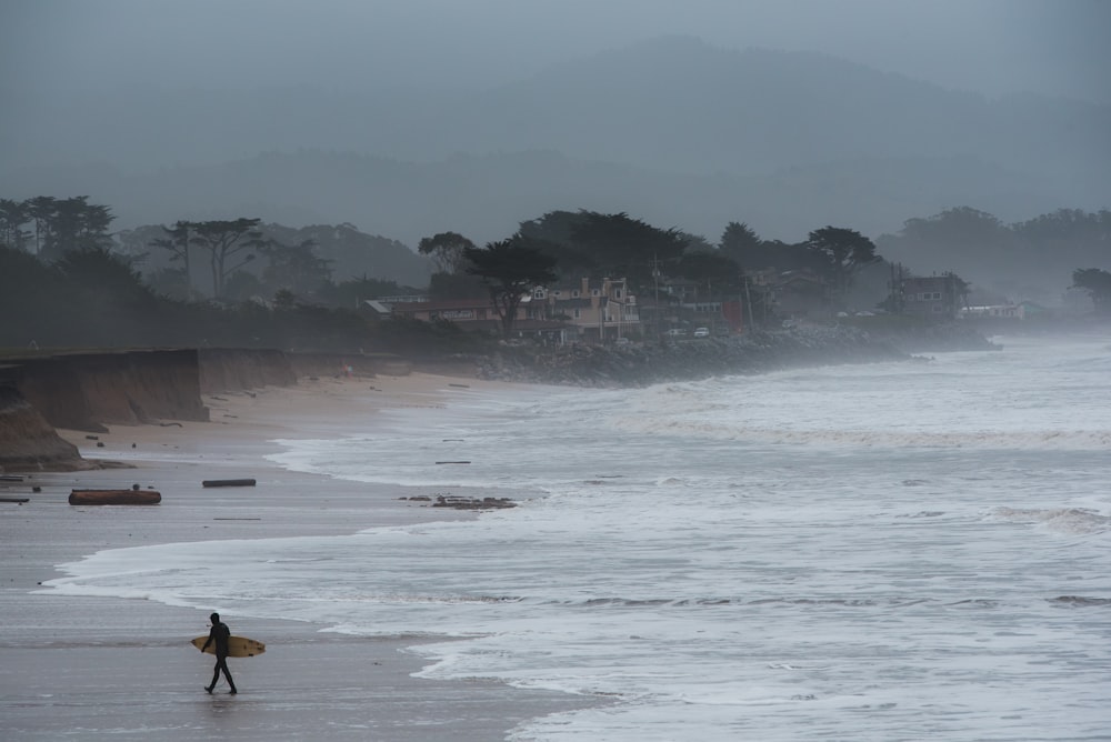 person walking and carrying surfboard on seashore during foggy weather