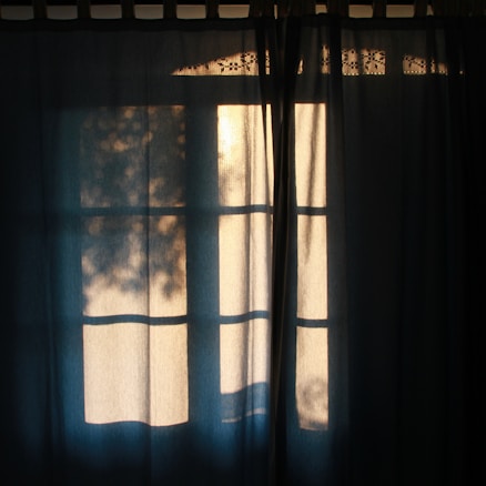 Warm sunlight filters through a window, casting soft shadows of tree leaves onto a closed curtain. The delicate play of light and shadow creates a serene and peaceful ambiance.
