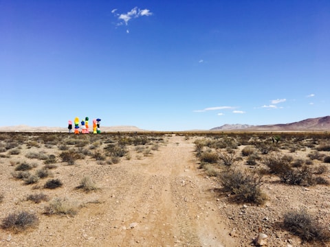 A desert landscape with a dirt path leading through sparse vegetation under a clear blue sky. In the distance, a colorful art installation featuring stacked boulders painted in bright colors stands out against the barren terrain. Mountains are visible on the horizon.