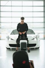 Portrait of Azedine Aboukamel standing confidently beside a sleek car in a bright showroom.