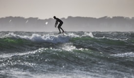 A person is surfing on a hydrofoil surfboard, gliding over the waves with a silhouetted figure against a backdrop of distant trees and a dimly lit sky.