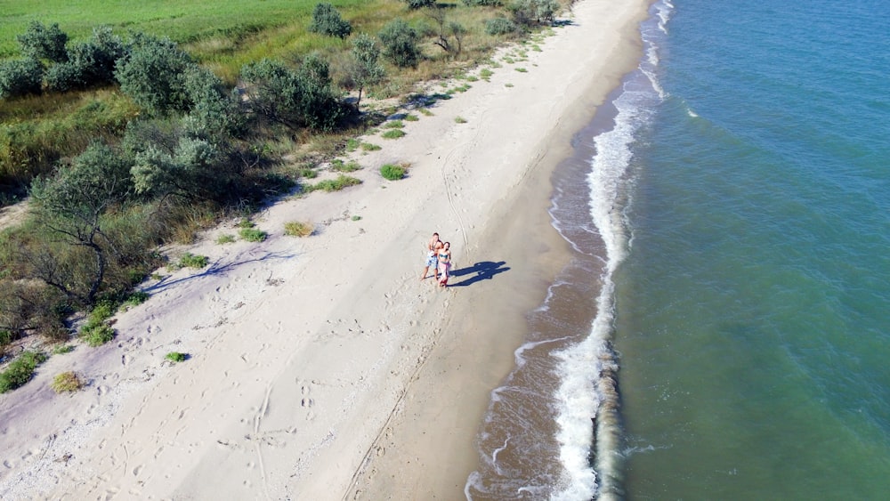 aerial photography of man and woman on white sand beach at daytime
