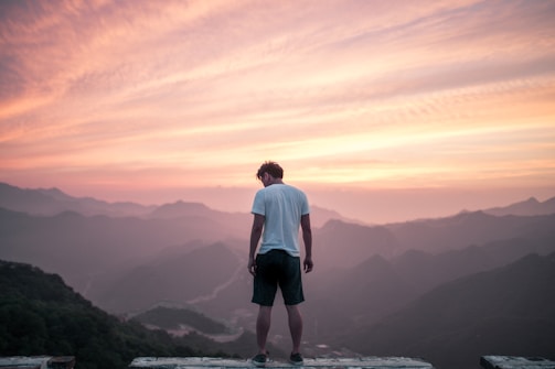 A traveler standing on a cliff overlooking a vast valley at sunset.