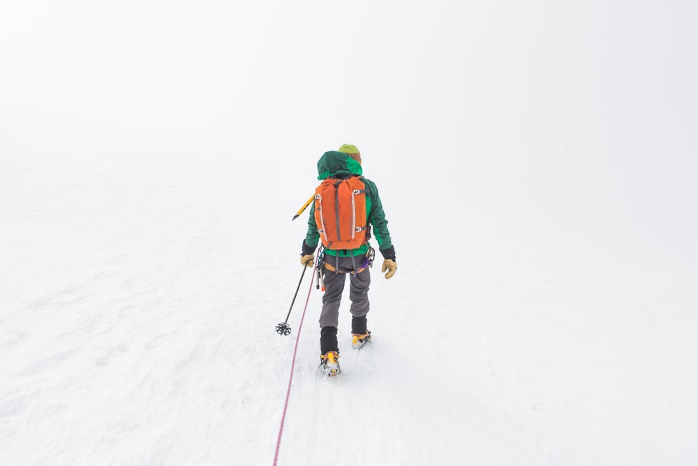 person holding ski pole on snow covered atmosphere