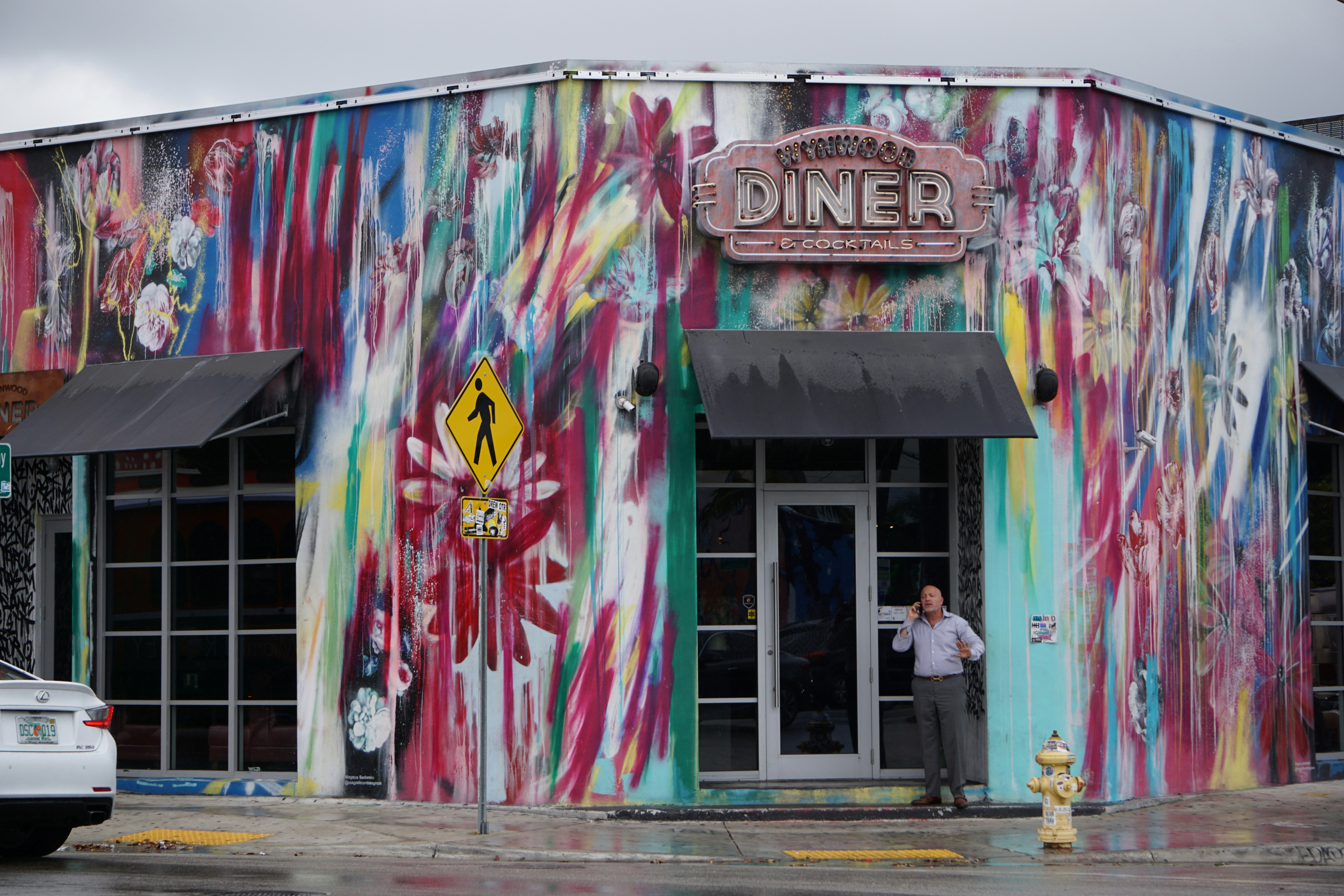 person standing near closed door, I went with my friends to Wynwood Miami to take photos, I was crossing the street when I see this man kind of arguing on the phone, the diner is one of my favorite places in wynwood, the colors give a lot of meaning to the emotions that the man was expressing.