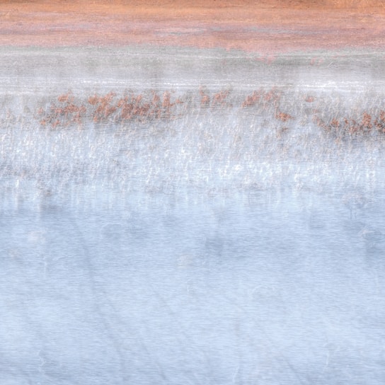 A serene and abstract landscape featuring a gradient of colors from earthy reds and browns at the top, transitioning to muted whites and blues below. The texture suggests reflections on a water surface, giving a calm and tranquil impression.
