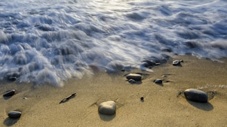 Gentle waves washing over smooth stones on a tranquil beach shore.
