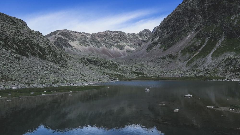 lake near green and white mountains under blue sky during daytime