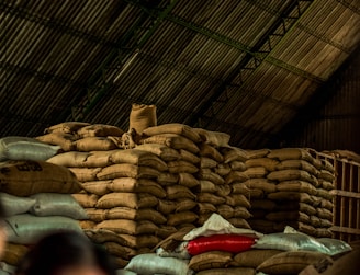 A large pile of burlap sacks is stacked under a corrugated metal roof in a warehouse. The sacks appear to be filled with goods, possibly agricultural products. The lighting is dim, and there is a mix of beige, red, and blue sacks among the mostly brown pile.