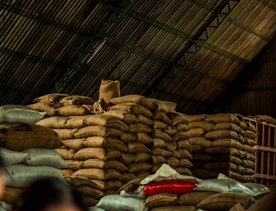 A large pile of burlap sacks is stacked under a corrugated metal roof in a warehouse. The sacks appear to be filled with goods, possibly agricultural products. The lighting is dim, and there is a mix of beige, red, and blue sacks among the mostly brown pile.