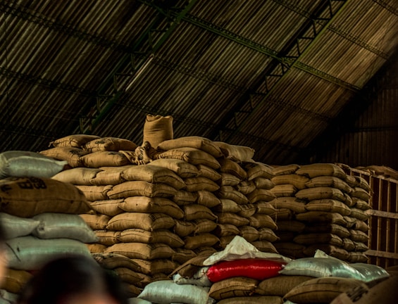 A large pile of burlap sacks is stacked under a corrugated metal roof in a warehouse. The sacks appear to be filled with goods, possibly agricultural products. The lighting is dim, and there is a mix of beige, red, and blue sacks among the mostly brown pile.