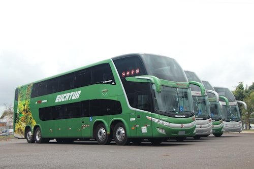 A line of modern double-decker coaches parked side by side in an open area. Each bus features a sleek design with prominent windshields and the word 'Eucatur' on the side. The foremost bus is painted in green with images of jungle foliage, including a jaguar, enhancing its aesthetic appeal.