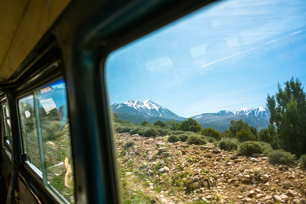 Los arbustos verdes se pueden ver a través de la ventana del vehículo