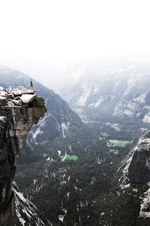 A traveler standing on a cliff edge, gazing at a lush green valley below.