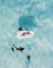 person sun bathing on white inflatable buoy under sunny skies