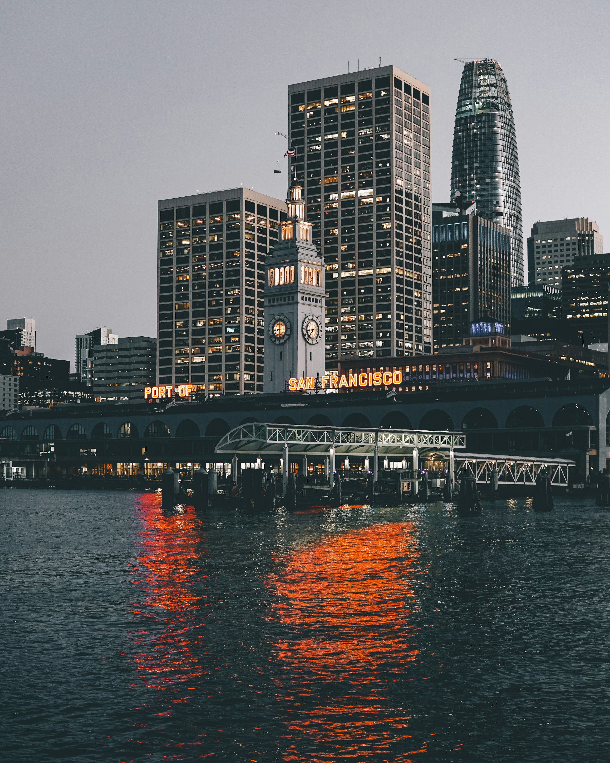 Cityscape with colorful lights and fog