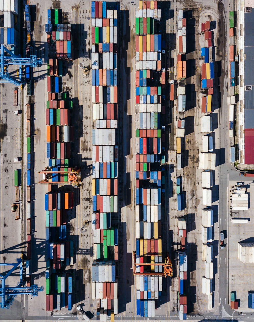 aerial view of port with shipping container