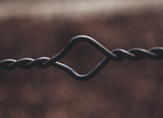Close-up view of a twisted and looped metal wire against a blurred brown background. The wire's intricate twist forms a distinctive loop in the center.