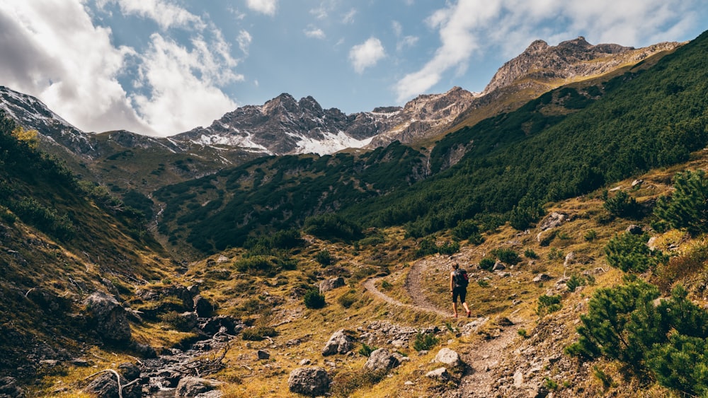 man walking through dirt road near forest and mountain