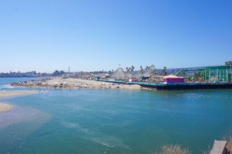A lively beach scene with people enjoying the sand and ocean. An amusement park with roller coasters and colorful rides is visible in the background, adding a sense of fun and excitement. Palm trees line the area, and the clear blue sky enhances the summery atmosphere.