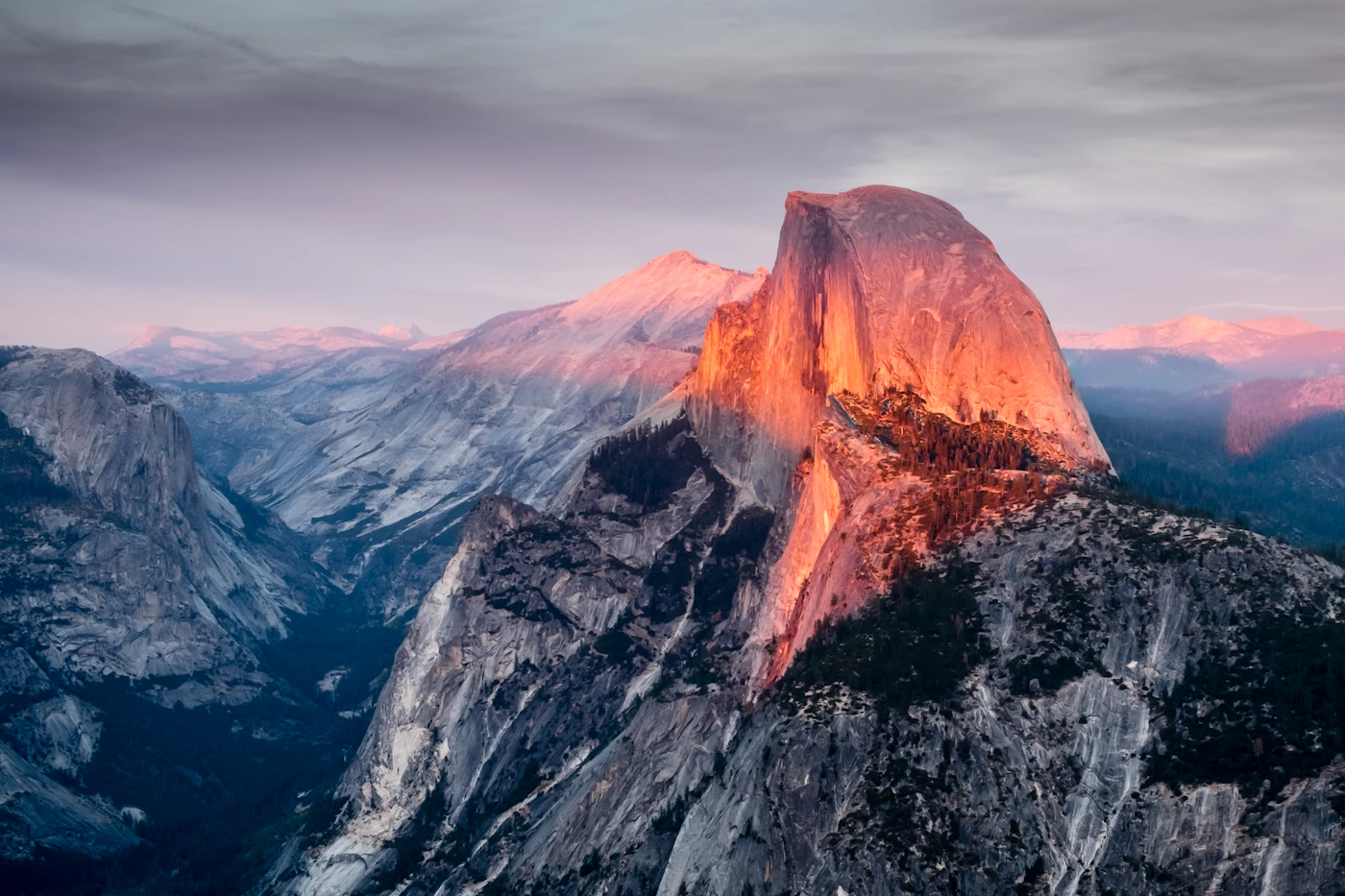 Grey granite mountain summit in Yosemite National Park, California