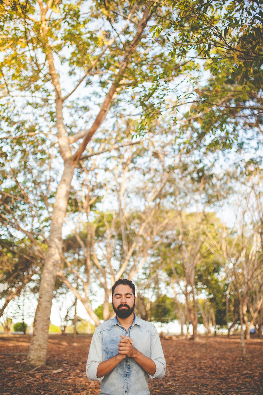 man with eyes closed and clasped hands in front of chest under green tree