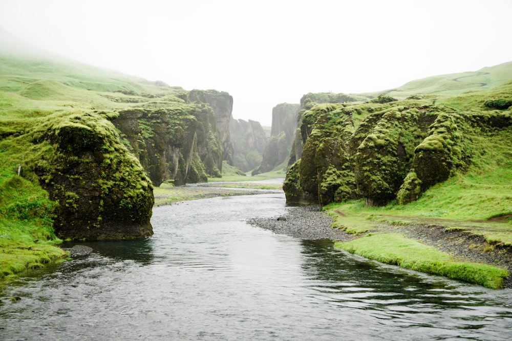 landscape photography of river between green mountains