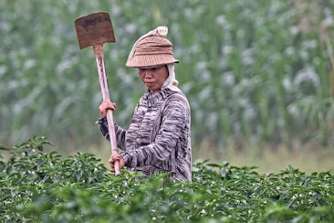 A person wearing a hat and a patterned long-sleeve shirt stands in a lush green field, holding a large gardening tool. The background is filled with blurred greenery, suggesting a rural or agricultural setting.