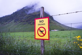 no drones signage on brown wooden post across mountain with fogs