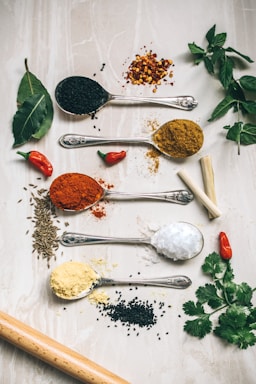 food photography,how to photograph spices; five gray spoons filled with assorted-color powders near chilli