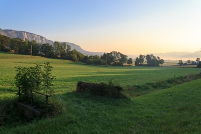 A peaceful rural landscape in Warmia with green fields and a clear blue sky.
