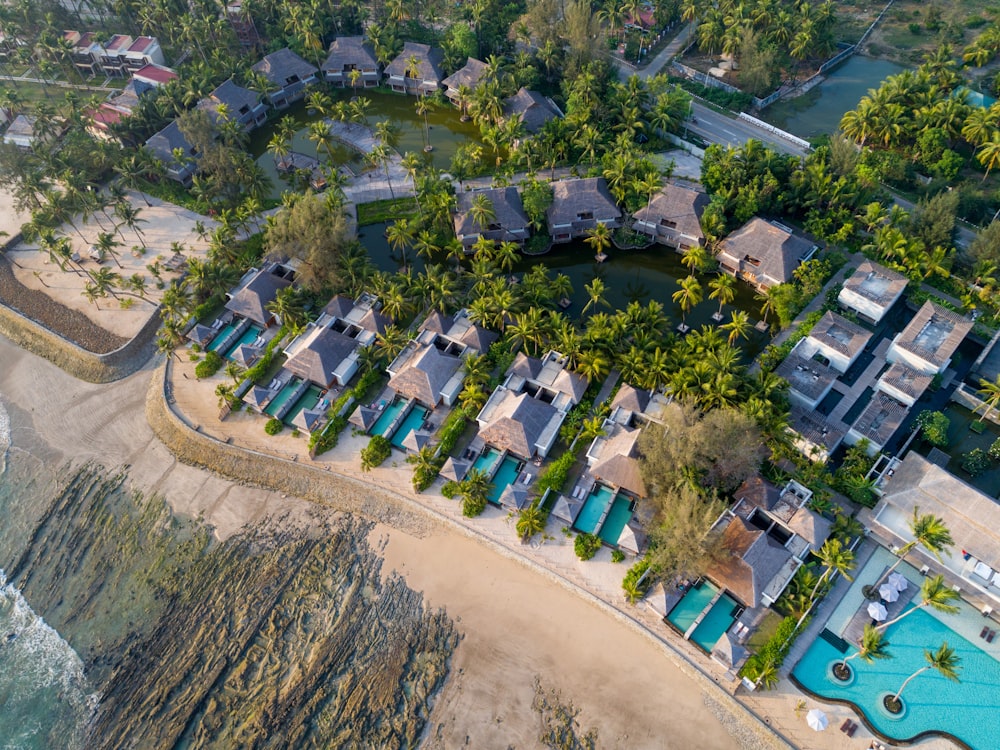 aerial view of shore with house