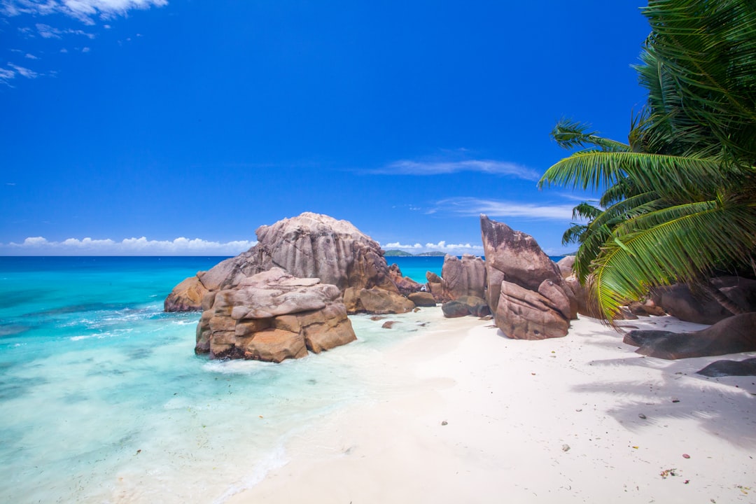 rock formation on seashore, Seychelles view