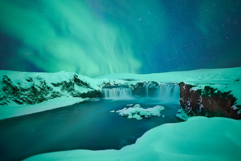 waterfalls covered with snow