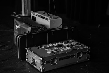 grayscale photography of suitcase