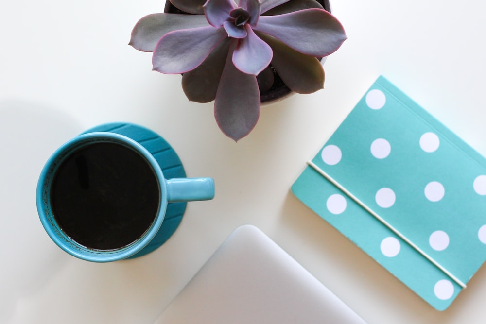 teal ceramic teacup filled with black liquid beside potted maroon plant on white table