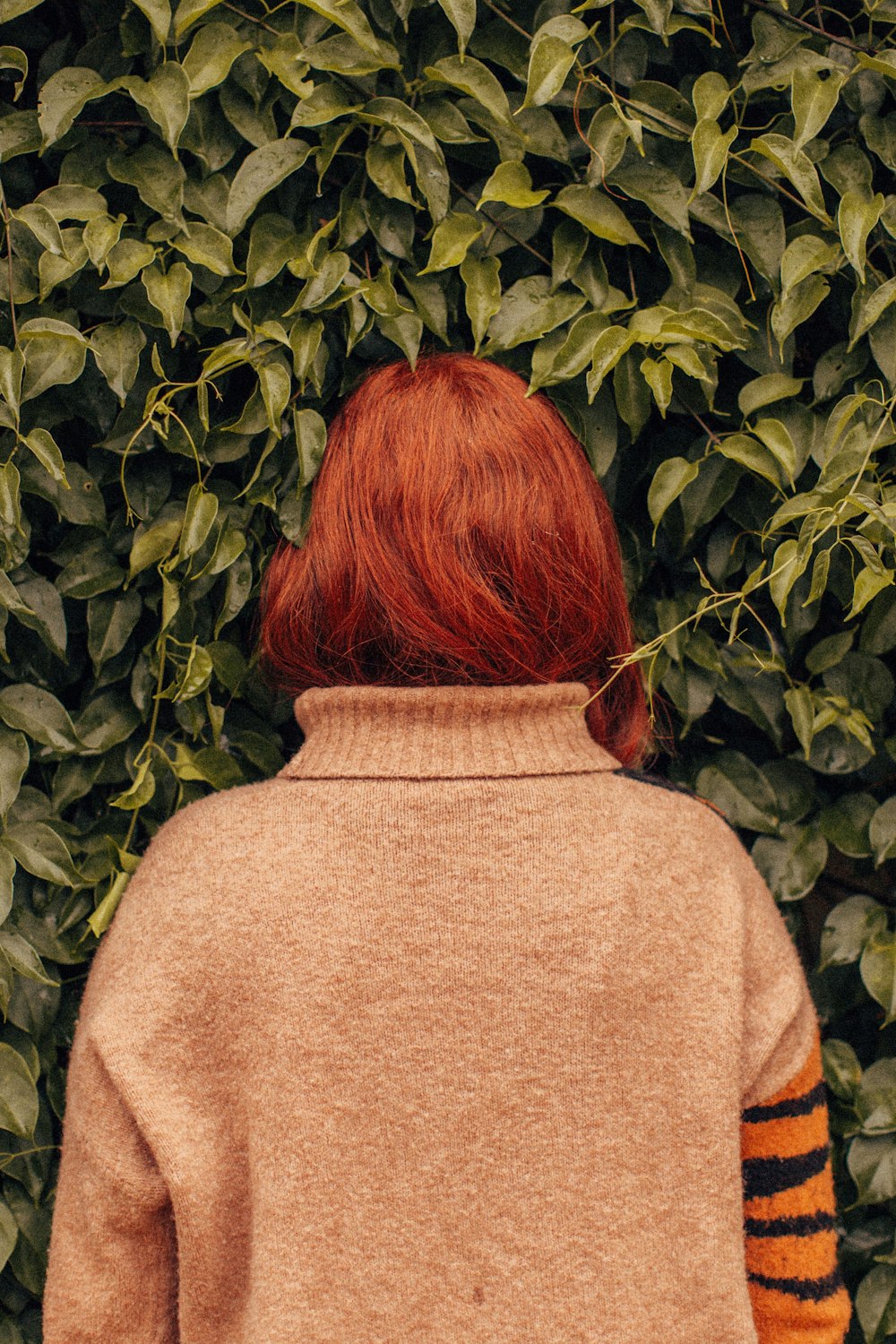 woman facing leafed plant