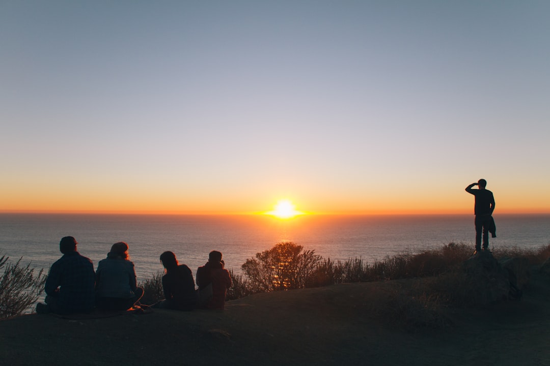 silhouette of people sitting and standing on hill near ocean at golden hour
