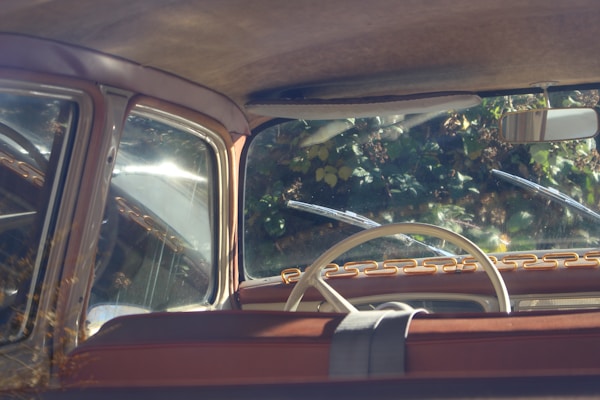 The interior view of a vintage car, featuring a clear windshield with classic dual windshield wipers. A cream-colored steering wheel stands out against the retro dashboard with chain link decor. Lush green foliage is visible through the windows, casting shadows and adding a sense of nostalgia.
